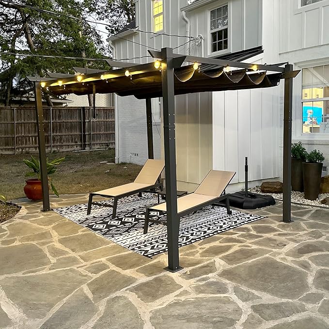 PURPLE LEAF 10' x 13' Aluminum Outdoor Pergola Retractable Pergola with Double Sun Shade Canopy Modern Grape Trellis Metal Pergola with Light for Patios Garden Deck Backyard, Gray Rootora