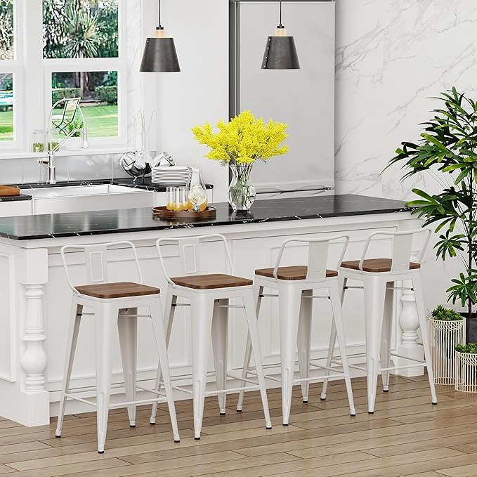 Yongchuang 26 inch Metal Bar Stools Set of 4 Counter Height Barstools Farmhouse Kitchen Bar Chairs with Wood Seat Low Back Cream White YongchuangInternational