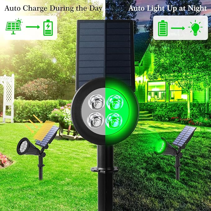 T-SUN Green Solar Spotlights, IP65 Waterproof Outdoor 4 LED Solar Garden Lights, Auto ON/Off Adjustable Wall Lights, 180°Angle Adjustable for Tree,Patio,Yard,Driveway,Stairs,Pool Area (Green-4 Pack) T-SUN
