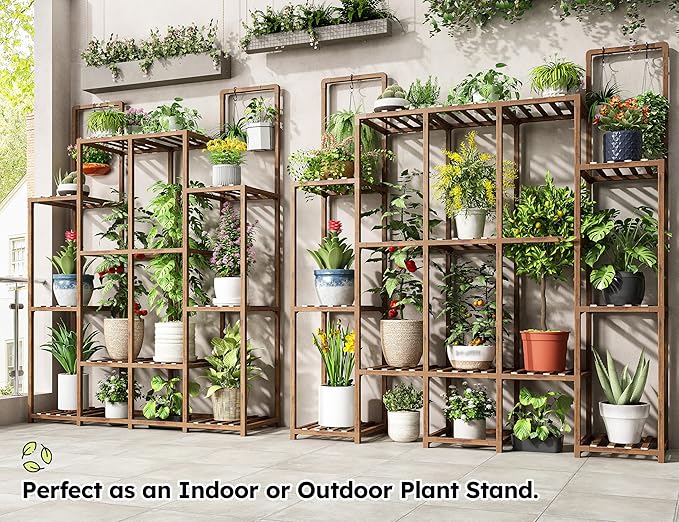 EnHomee Plant Stand Indoor for Multiple Plants Stand Outdoor with 18-22 Potted Double Rod for Hanging Plant Shelf 570 LBS Wood Plants Shelves for Living Room Patio Balcony Yard Garden 56''W×11.6''D×47''H EnHomee