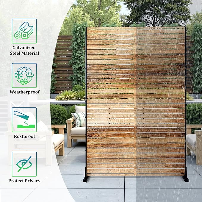 FENCY Metal Privacy Screen 72" H×47" W Natural Wood Color Outdoor Privacy Screen, Freestanding Decorative Privacy Fence Panels for Deck Balcony Patio FENCY
