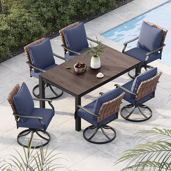Grand patio 7-Piece Outdoor Dining Set, 6 Leather-Look Wicker Swivel Blue Patio Chairs & 1 Rectangular Faux Woodgrain Dining Table, Dark Brown GrandPatio