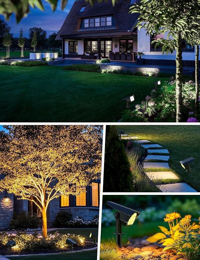 Brightown 4Pack Solar Spot Lights Outdoor [Cool & Warm Light 2-in-1], IP67 Solar Lights Outdoor Waterproof with 1800mAh, Two Mounting Methods Outdoor Solar Lights for Yard, Garden and Pathway Brightown