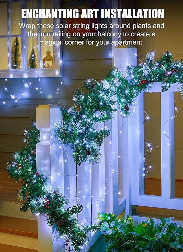 Minetom Solar String Lights for Outside, 33Ft 100 LED Outdoor Solar Fairy Lights, 8 Modes Balcony Lights for Tree Patio Christmas Party Wedding Decor (Pure White) Minetom