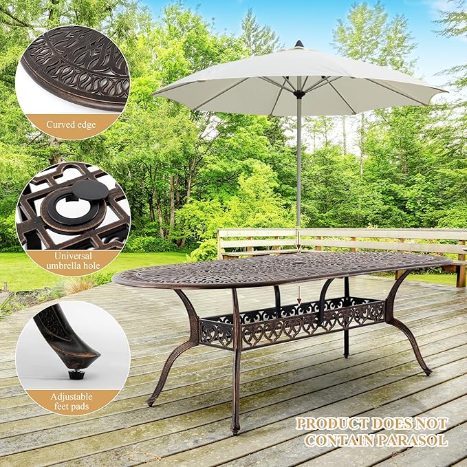 Outdoor Patio Dining Table - All-Weather Cast Aluminum 87" x 28.5“ Oval Patio Table with 2" Umbrella Hole for Balcony Lawn Garden Backyard Attliahome