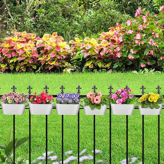 MADHOLLY Railing Planter with Drainage Holes - 6Pcs Sturdy Bucket Pots for Railing Fence, Countryside Style Metal Flower Pots for Herbs Balcony Garden Yard Decor, White MADHOLLY