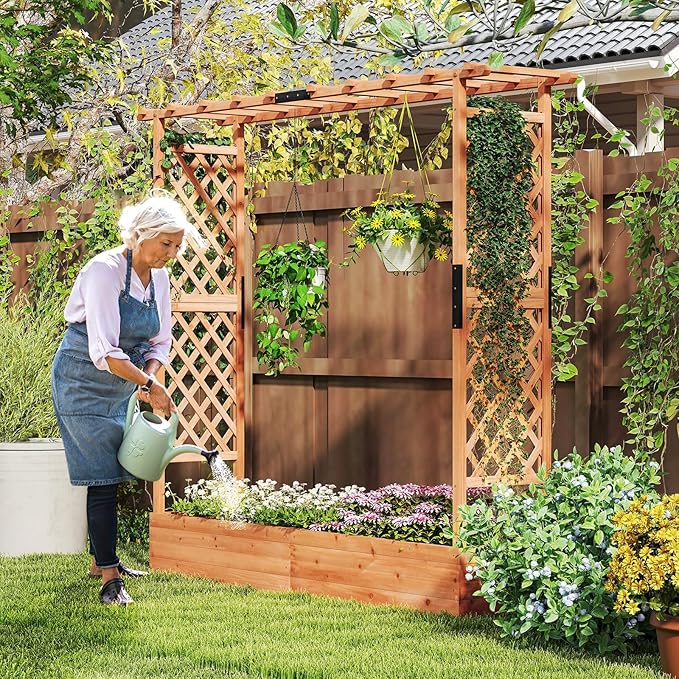 Giantex Set of 2 Raised Garden Bed with Trellis & Hanging Roof, Wood Planter Box with Bottom and Drainage Holes, Freestanding Garden Planter for Flower Vegetable Fruit Herb Climbing Vines, 77"x17"x72" Giantex