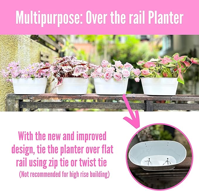 LaLaGreen Rail Planter Outdoor (6 Pack, 11.8 Inch) White Metal Iron Hanging Flower Pots Deck Railings Fence Buckets Modern Countryside Boho Style Wall Mount Window Box Plant Holder Hooks Porch Decor L%C3%A1L%C3%A1Green