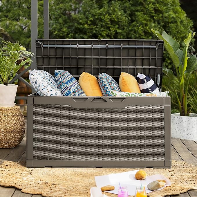 Flamaker Deck Box with Cushion 100 Gallon Waterproof Resin Storage Box with Air Rod Indoor Outdoor Lockable Storage Bench for Patio Furniture, Tools, Pool Accessories (Brown) Flamaker