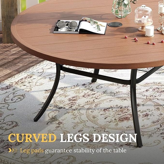 VICLLAX 63" Outdoor Round Patio Table with Umbrella Hole, All Weather Metal Round Outdoor Dining Table for Lawn Garden, 8-10 Person Table, Walnut Wood Grain HOME