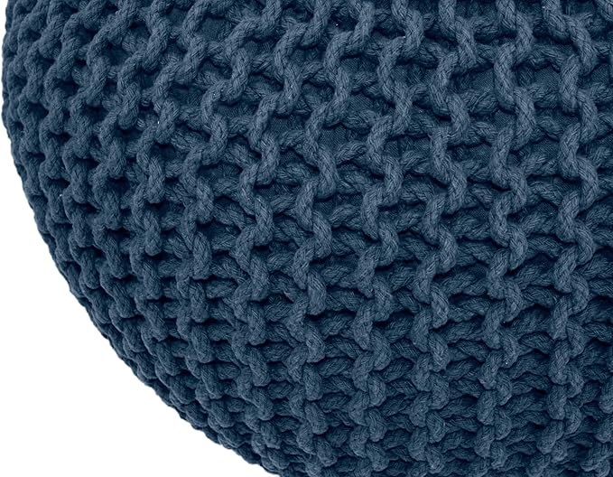 COTTON CRAFT - Hand Knitted Cable Style Dori Pouf - Blue - Floor Ottoman - Cotton Braid Cord - Handmade & Hand Stitched - Truly one of a Kind Seating - 20 Dia x 14 High COTTONCRAFT
