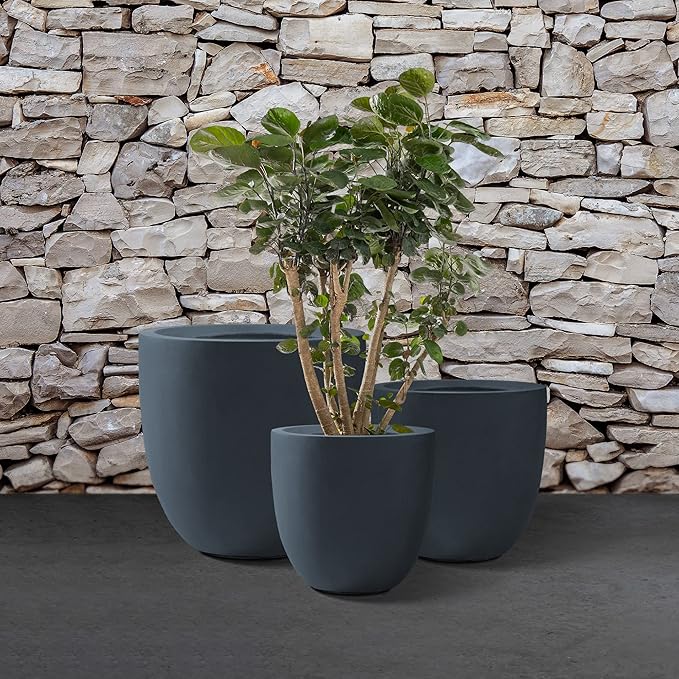 Kante 20",16.5",13.4" Dia Round Concrete Planters (Set of 3), Outdoor Indoor Modern Decorative Plant Pots with Drainage Hole & Rubber Plug for Home & Garden, Charcoal Kante