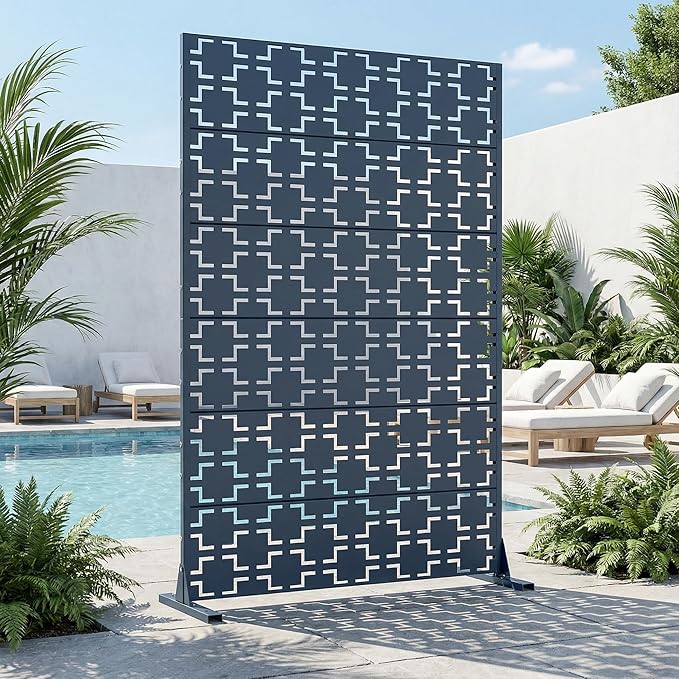 Casaphoria Metal Privacy Screen Outdoor, 72" H x 47" W Freestanding Decorative Privacy Screen for Patio Deck Balcony Garden with Stable Base, Blue-Square Casaphoria