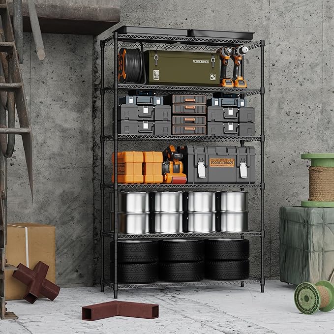 6 Tiers Storage Shelves Load 2100LBS, Metal Shelving Wire Metal Shelving Unit Shelves for Storage Adjustable Garage Shelving for Pantry Kitchen Garage Black 17.7" D x 47.3" W x 82.4" H MEIGAOPLASTICANDMETALHKCOLIMITED