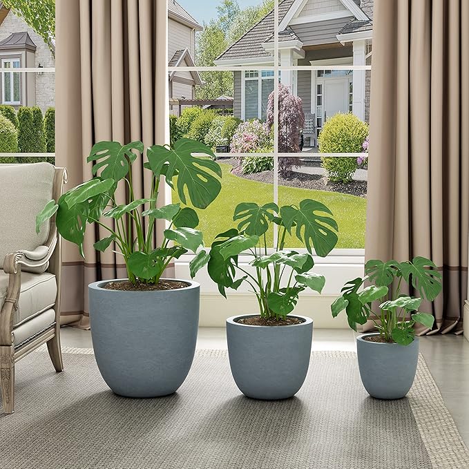 Kante 18",14",10" Dia Concrete Round Planters (Set of 3), Outdoor Indoor Large Planter Pots with Drainage Hole and Rubber Plug for Home Patio Garden, Gray Kante