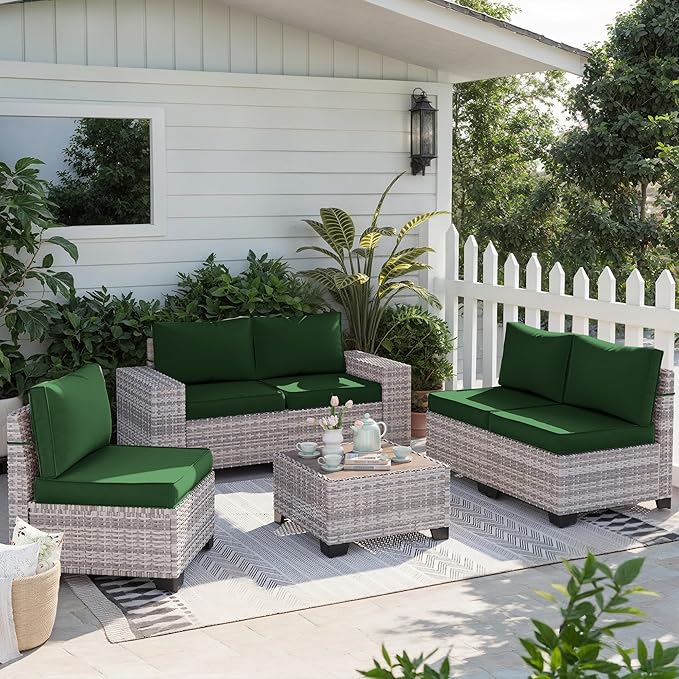 12-Piece Outdoor Patio Furniture Set Wicker Sectional Sofa Set, Patio Conversation Set with Thickened Cushions & Coffee Table for Garden, Backyard, Poolside, Green MuphyersPatioFurniture