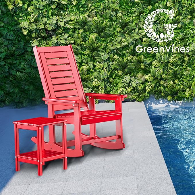 GREENVINES Outdoor Rocking Chair Set | 3-Piece | 2 Rocking Chairs with 1 Side Table | Porch Rocker | HDPE Plastic | Red | Patio Furniture Sets | High Back | Big & Tall | Ladder Back GreenVines