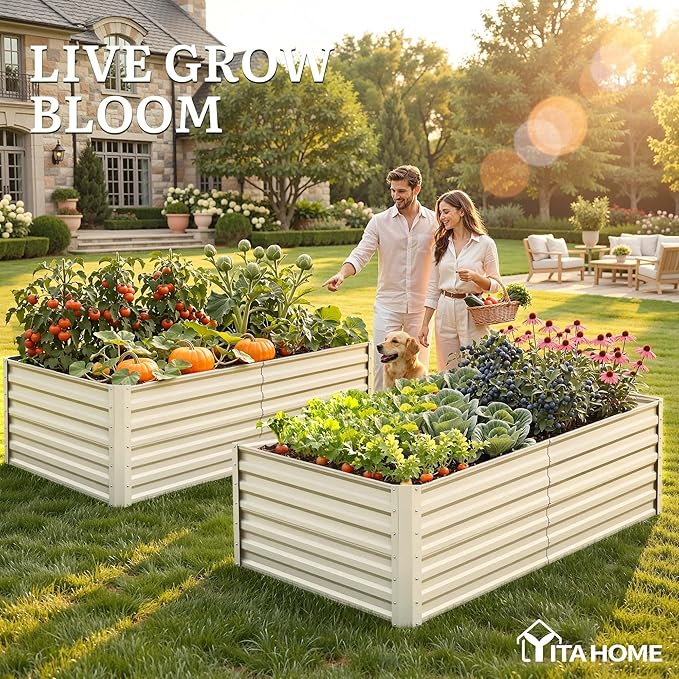 YITAHOME 6x3x2ft 2pcs Large Raised Garden Bed Kit, Galvanized Metal Planter Box with Gloves, Support Rod, Outdoor Above Ground Planters for Plants Vegetables Flowers, Cream Yellow YITAHOME