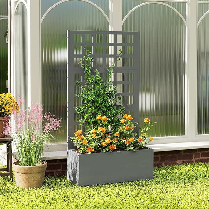 Outsunny Galvanized Raised Garden Bed with Trellis, Metal Planter Box with Drainage Holes, Outdoor Privacy Screen for Climbing Plants, Vegetable, Vines, 24" x 9" x 44.5", Gray Outsunny