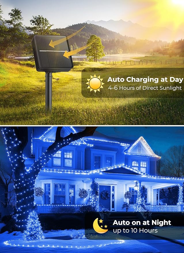 2-Pack 400LED 170FT Total Solar Outdoor Lights IP65 Waterproof Solar Powered Lights with 8 Lighting Modes for Party Garden Yard Home Holiday Tree Decoration Lighting,Blue Brightown