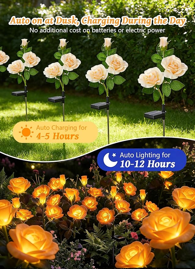 Brightown Outdoor Solar Flower Lights, 4 Pack Solar Garden Light with Larger & More Realistic Champagne Rose, Bigger Solar Panel, Waterproof Solar Lights Outdoor for Yard Garden Lawn Pathway Decor Brightown