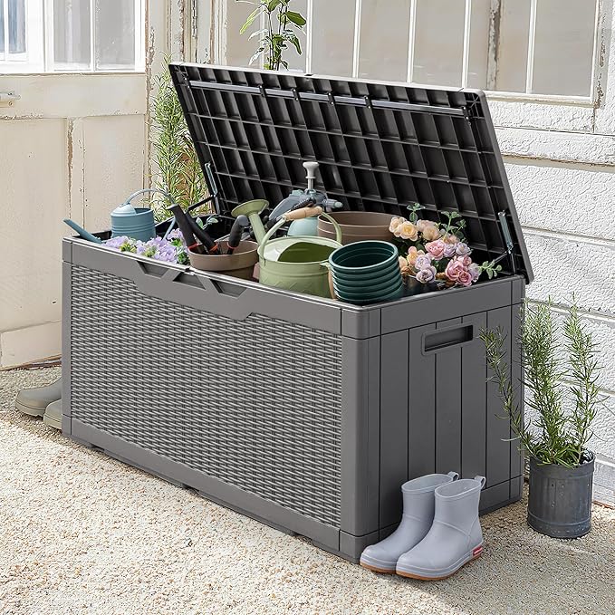 Greesum 100 Gallon Resin Patio Storage Box for Garden Tools, Outdoor Furniture Cushions, Pool Supplies, Gray BuynowfromGreesum