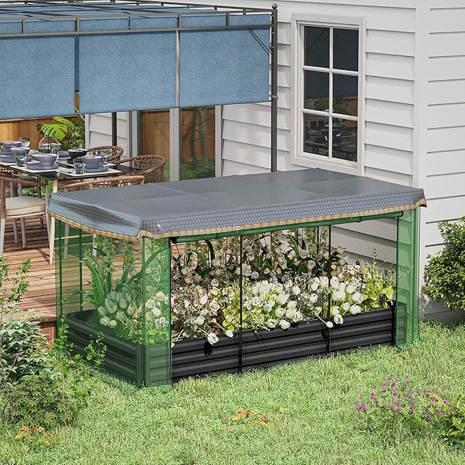 Outsunny 7.3 x 3.4 x 1 ft Galvanized Raised Garden Bed with Crop Cage Plant Protection Net and Shade Cloth Roof, Metal Planter Box with Cover for Vegetables, Flowers, Herbs, Dark Gray Outsunny