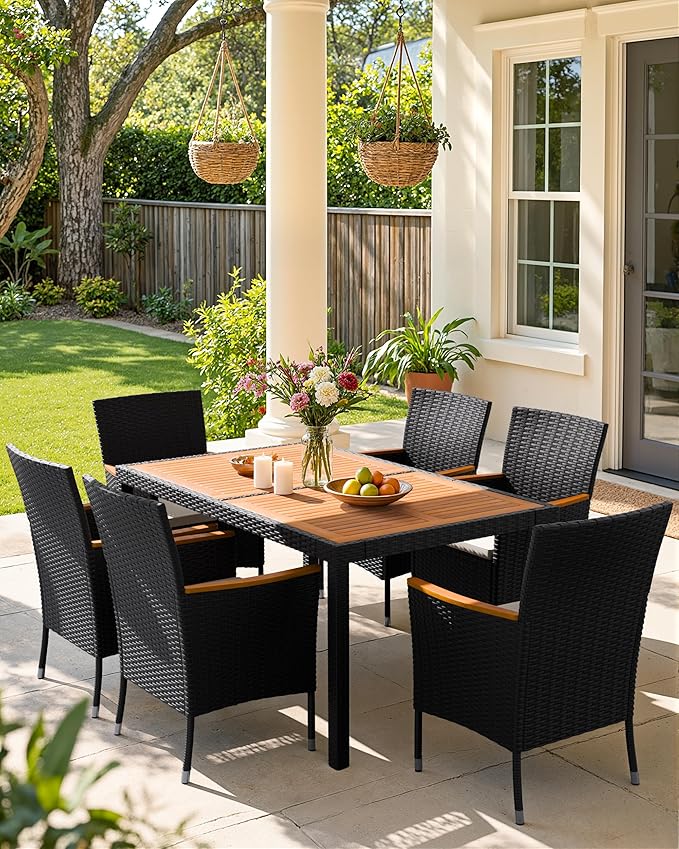 Flamaker 7 Piece Patio Dining Set Outdoor Acacia Wood Table and Chairs with Soft Cushions Wicker Patio Furniture for Deck, Backyard, Garden Flamaker