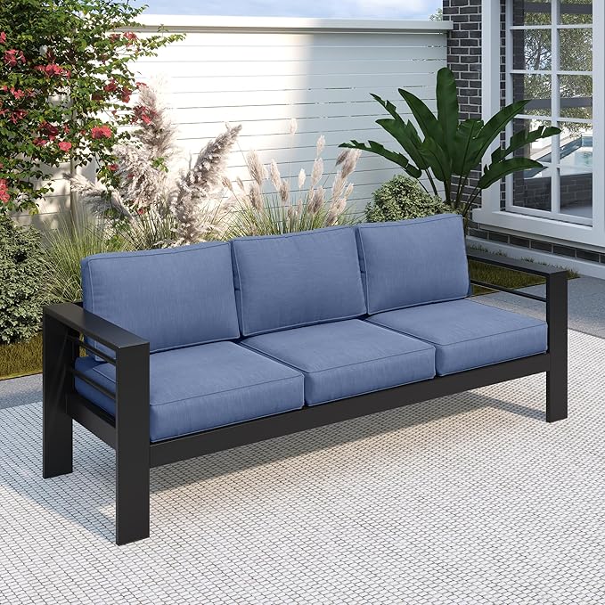 Solaste Aluminum Outdoor Couch, 3-Seat Metal Outdoor Sofa with Water-Resistant Cushion, Weather-Resistant Modern Patio Sofa, Black Frame Blue Cushion Solaste