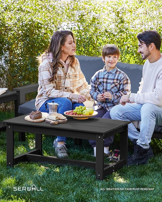 SERWALL HDPE Patio Furniture Set, 7-piece Outdoor Sectional Sofa Set, All Weather Outdoor Couch Set for Deck, Lawn, Black Frame with Grey Cushion SERWALL