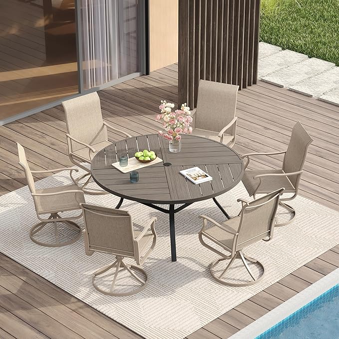 VICLLAX Round Patio Table with Adjustable Umbrella Hole for 6, All Weather Metal Outdoor Dining Table for Lawn Garden, 50" Outdoor Coffee Table, Grey Wood-Like Tabletop HOME