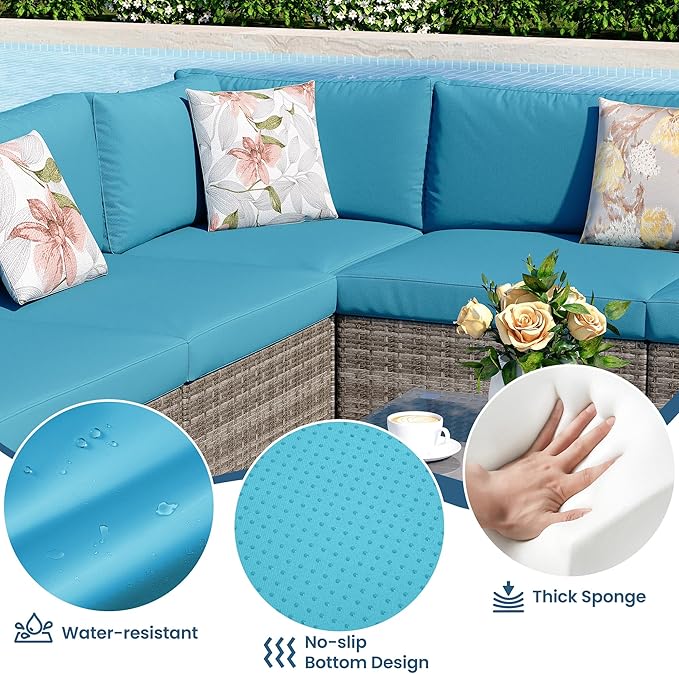 8 Pieces Outdoor Patio Furniture Set with 43" Fire Pit Table, Wicker Outdoor Patio Sectional Sofas with Coffee Table and Cushions, All-Weather Patio Conversation Set for Garden Backyard, Light Blue MayinColor