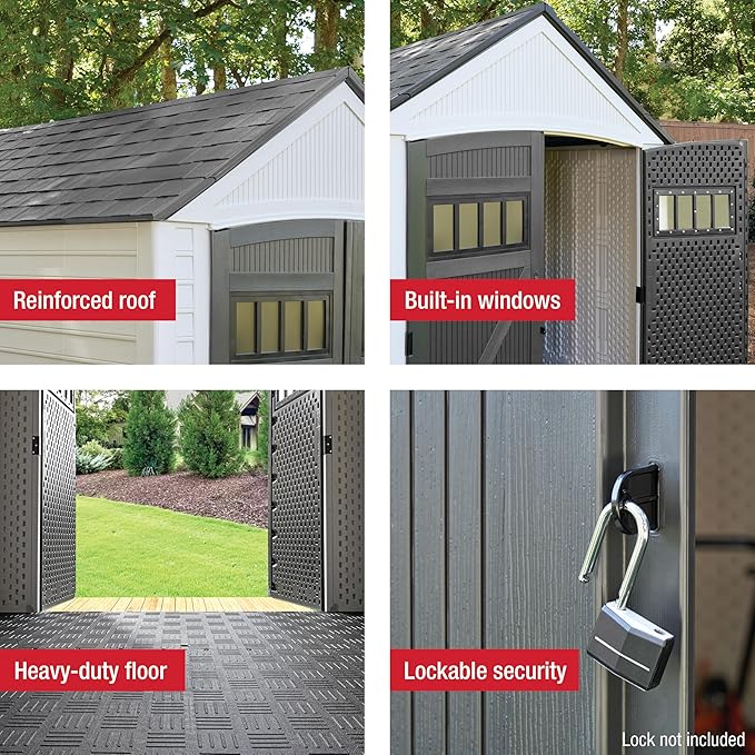 Rubbermaid Resin Outdoor Storage Shed With Floor (7 x 10.5 Ft) Weather Resistant, White, Organization for Home/Backyard/Garden Tools/Lawn Mower/Bike Storage/Pool Supplies Rubbermaid