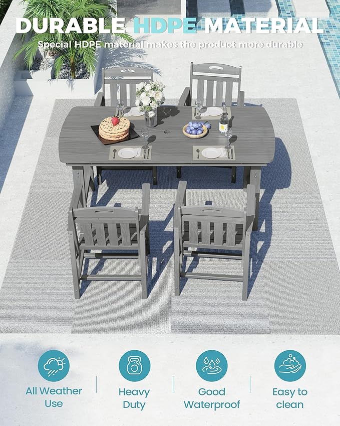 Ciokea HDPE Outdoor Dining Set, 5-Piece Patio Table and Chairs Set with Umbrella Hole, All-Weather Patio Dining Sets for 4, Durable Patio Furniture for Backyard, Garden, Lawn & Poolside, Grey CIOKEA