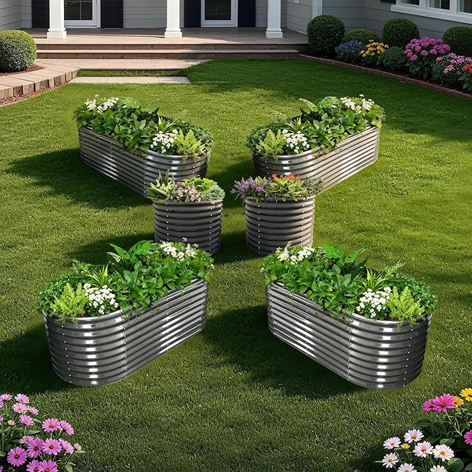 A ANLEOLIFE Set of 6, 30 Inch Extra Tall Galvanized Raised Garden Beds Kit, Large Oval & Round Metal Planters – Ideal for Backyard Vegetables Flowers Herbs, Quartz Grey AAnleolife