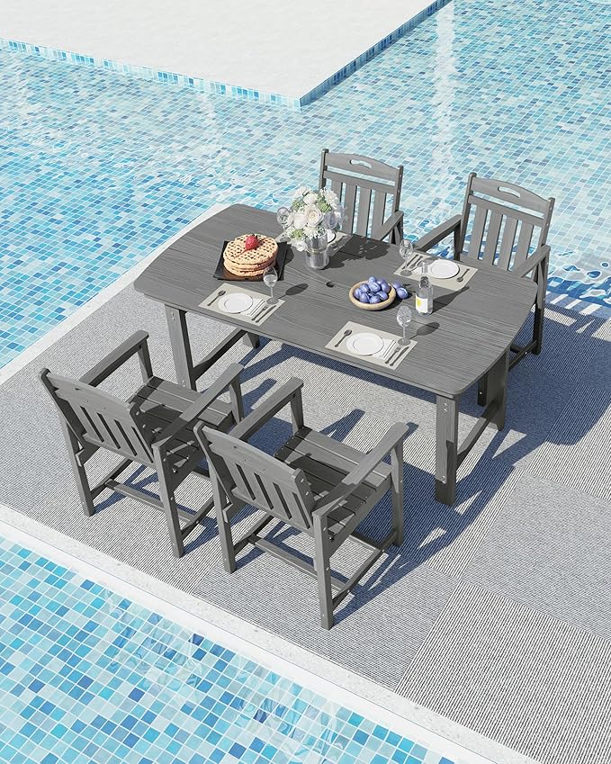 Ciokea HDPE Outdoor Dining Set, 5-Piece Patio Table and Chairs Set with Umbrella Hole, All-Weather Patio Dining Sets for 4, Durable Patio Furniture for Backyard, Garden, Lawn & Poolside, Grey CIOKEA