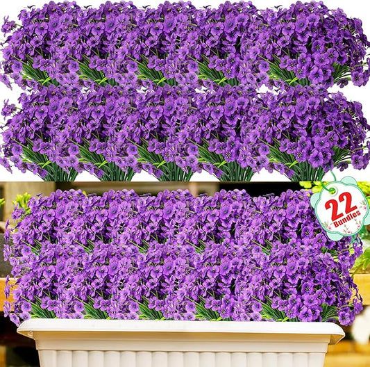 22 Bundles Artificial Flowers Outdoor, Faux Flowers UV Resistant with Plastic Plants, Faux Silk Flowers for Outdoors Outside Front Porch Hanging Planter Window Box Garden Decoration Powbrace