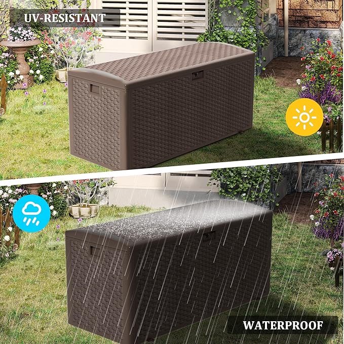 TARKARI Premium Pro Edition 180 Gallon Lockable Resin Deck Box, Waterproof & UV-Resistant Outdoor Storage Box for Outdoor Cushion Storage, Garden Tools & Pool Accessories Storage, Brown Home