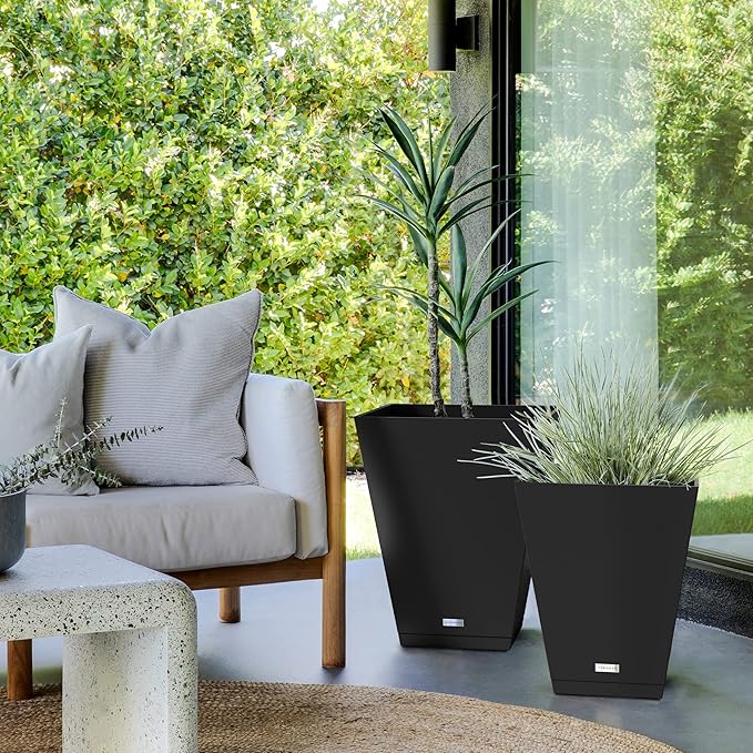 Veradek Nobleton Indoor/Outdoor Wide Square Planter (Black, 22" - 2 Pack with 2 Saucer Trays) VeradekOutdoor