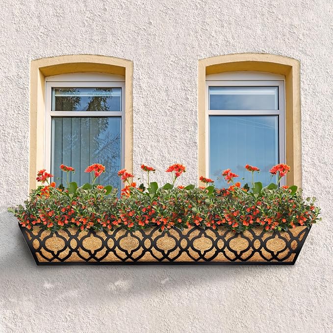 2pcs 30 Inch Window Deck with Coco Liner, 30" Window Boxes Horse Trough with Coconut Coir Liner, Metal Hanging Flower Planter Window Basket Deck Railing Planter Boxes for Outdoor Indoor Lawn LAWYAMAI