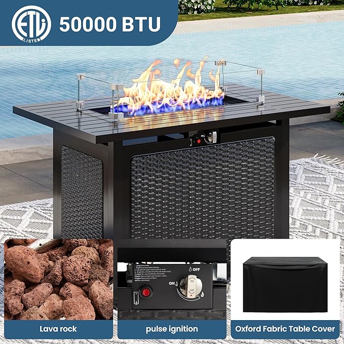 8 Pieces Outdoor Patio Furniture Set with 43" Fire Pit Table, Wicker Outdoor Patio Sectional Sofas with Coffee Table and Cushions, All-Weather Patio Conversation Set for Garden Backyard, Light Blue MayinColor