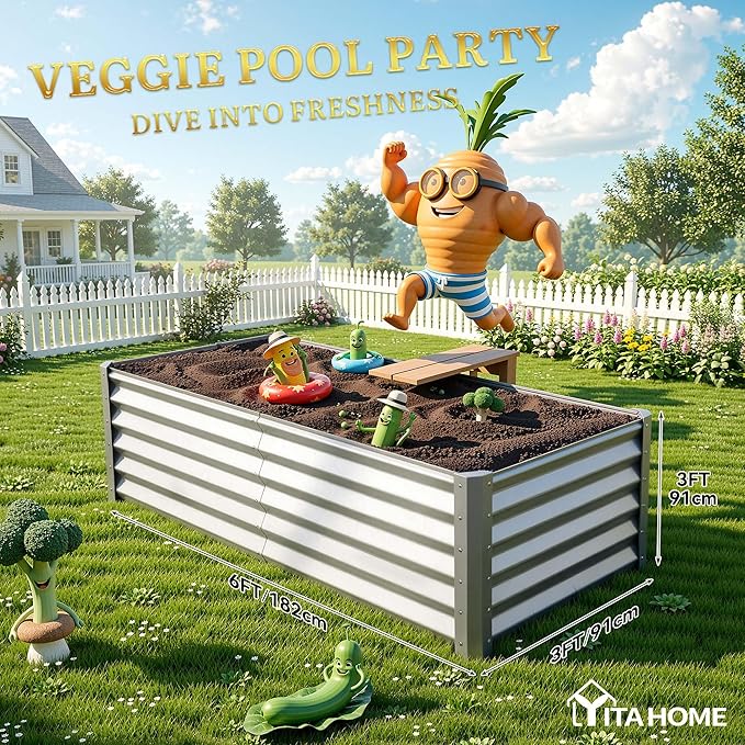 YITAHOME 6x3x3ft Large Raised Garden Bed Kit, Galvanized Metal Planter Box with Gloves, Support Rod, Outdoor Above Ground Planters for Plants Vegetables Flowers, Silver YITAHOME