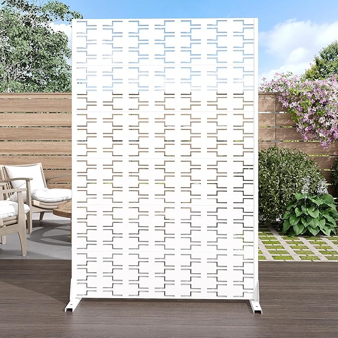 Casaphoria Metal Privacy Screen Outdoor, 72" H x 47" W Freestanding Decorative Privacy Screen for Patio Deck Balcony Garden with Stable Base, White-Brick Casaphoria