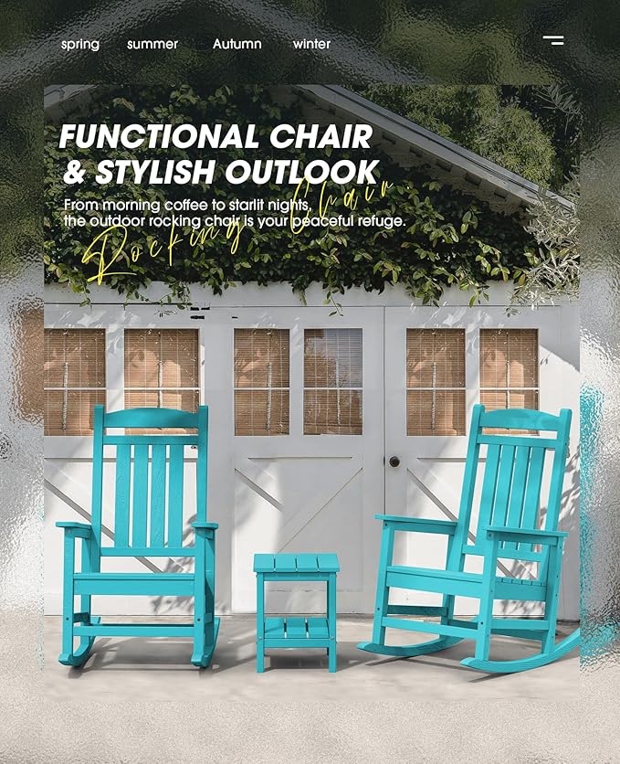 KINGYES HDPE Outdoor Rocking Chair Set of 4, All-Weather Poly Patio Rocking Chairs with 330lbs Support for Adults, Aruba Blue KINGYES