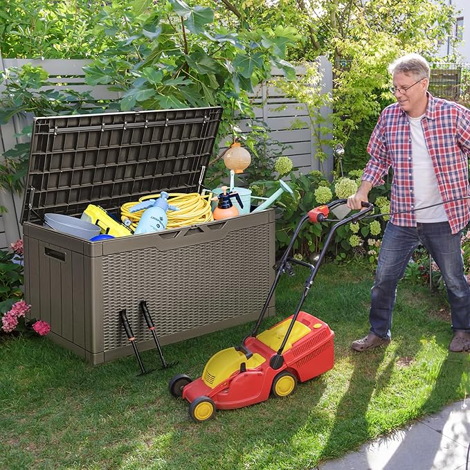 Greesum 100 Gallon Resin Deck Box Large Outdoor Storage with Cushions for Patio Furniture, Garden Tools, Pool Supplies, Weatherproof and UV Resistant, Lockable, Light Coffee BuynowfromGreesum
