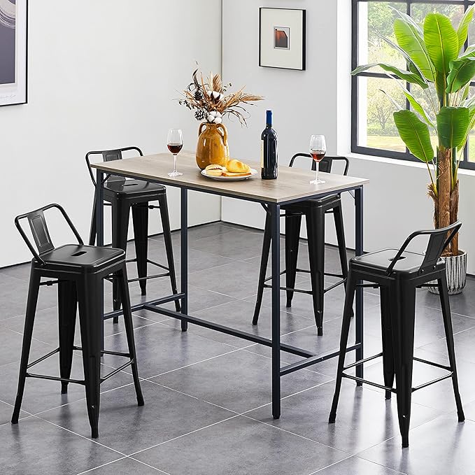 Yaheetech Bar Stools Set of 4, Metal Counter Height Chairs, 26 Inch Industrial Kitchen Stools with Backrest and Footrest for Indoor/Outdoor, Matte Black Yaheetech