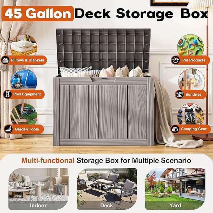 Outdoor Storage Box, Resin Deck Boxes Indoor and outdoor, Waterproof Storage Box Lockable Lid (Grey, 50 Gallon) NBYSGO