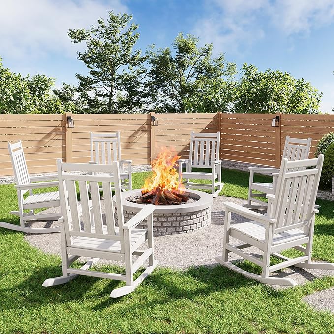 GarveeLife Poly Lumber Rocking Chair Outdoor Set of 6 - HDPE High Back Porch Rocker Chairs for Adults - All Weather Resistant Furniture for Patio - White GarveeLife
