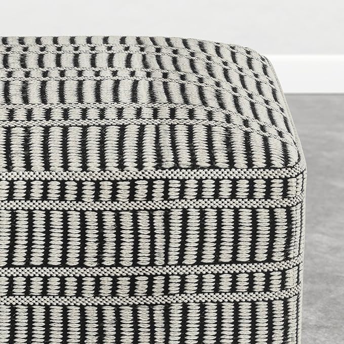 SIMPLIHOME Safford Square Pouf - 20 inch Wide Upholstered PET Polyester Ottoman in Cream White and Deep Black, Boho Indoor/Outdoor Footstool or Extra Seating for Living Room or Patio, Assembled SimpliHome