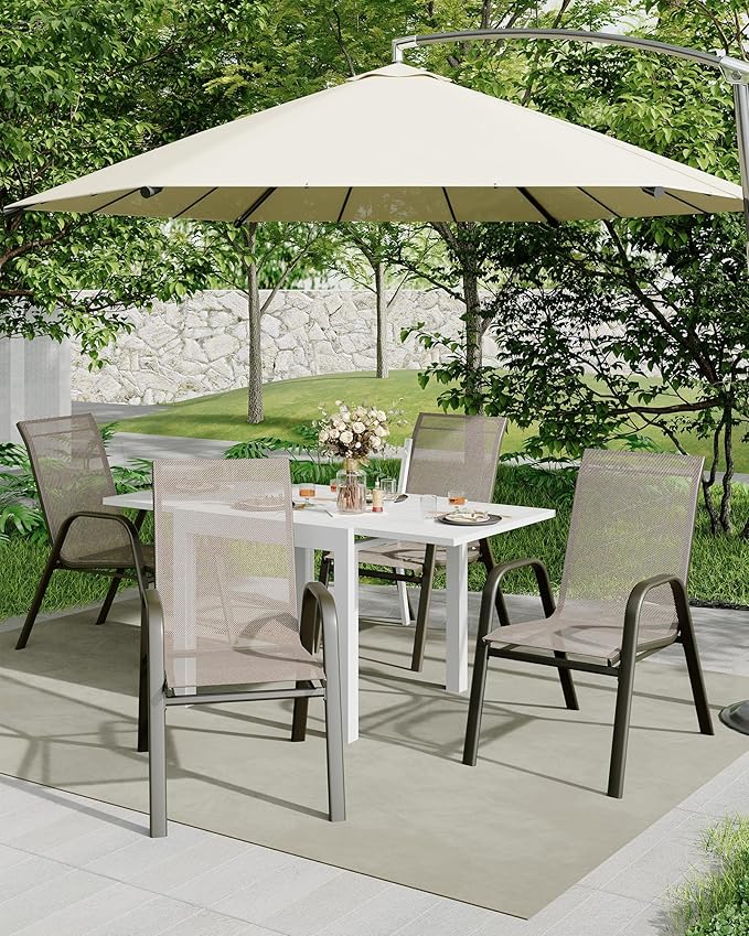 Outdoor Stackable Dining Chairs Set of 4, High-Back Patio Stacking Chairs, Patio Chairs with Textilene Farbic & Metal Frame for Lawn Backyard Deck Garden,Brown Rootora